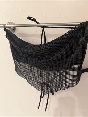 Black Mesh Rhinestone Halter Going Out Top